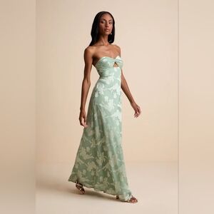 NWT Danae Sage Green Floral Jacquard Strapless Maxi Dress